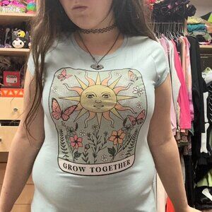 super cute baby blue shirt with sun butterflies and flowers!!